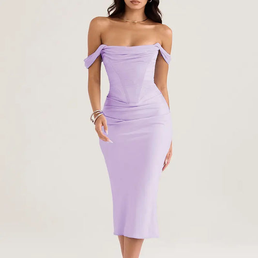 Satin Dress Velvet Muse (Off Shoulder) Lavender